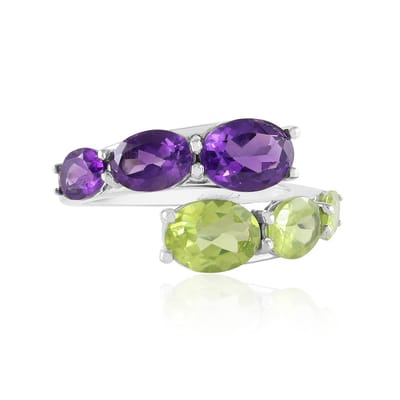 Cavill - Damesring 925 Sterling Zilver Geplatineerd - Zambia Amethist 8x6 & 7x5 mm en Ovale Peridoot - 4,044 ct - Elegantie en Uniek Design