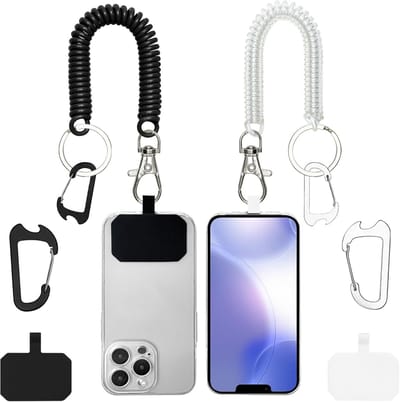 SnelShoppen - 2 Stuks Telefoon Lanyard Anti-Diefstal Met Carabiner, Geschikt Voor De Meeste Mobiele Telefoons, Zwart + Transparant, Ideaal Voor Feeste