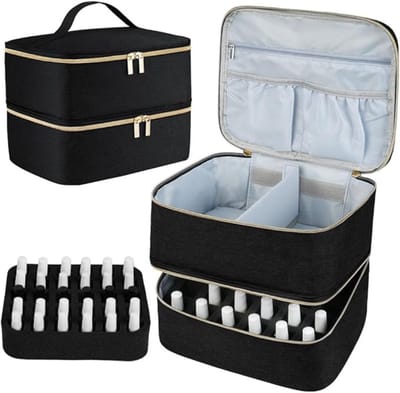 Verte Nagellak Organizer - Dubbelwandige Nagellakorganizer - Dubbelwandige Reistas - Opbergtasjes voor 30 Flesjes Nagellak - Lippenstift en Nagellamp - Draagbare Make-Uptas met Opbergvakken voor Nagelbenodigdheden - Zwart