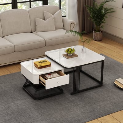 Sweiko Salontafel - Set van 2 - Hoogglans - Marmerlook - Met lade - Bijzettafel - Wit + Zwart