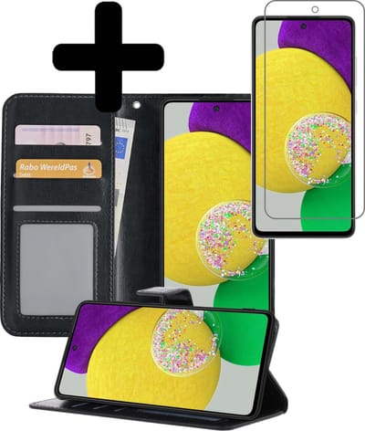 Hoesje - Met Screenprotector - Geschikt voor Samsung Galaxy A52s 5G - Luxe Pasjeshouder - Bookcase Portemonee - Flip Case - Kunstleer Book Case - Flipcase - Book Cover - Walletcase - Portemonneehoes - Telefoonhoesjes - Zwart