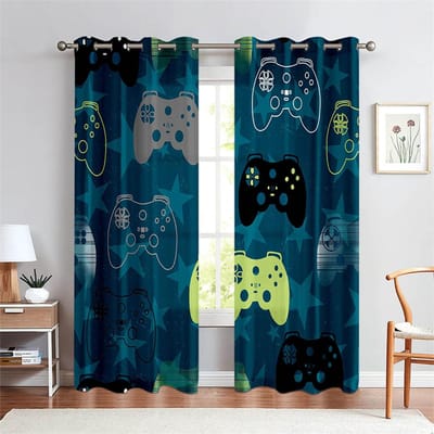 Rideaux Néon Manette de Jeu Rideaux Cool Gamer pour Fenêtre 2 Panneaux Chambre de Garçon Chambre d'Adolescent Décoration d'Intérieur 50W60H(CM)X2PCS&Rod Pocket