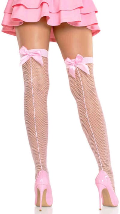 Leg Avenue - Fishnet with Satin Bow Backseam Thigh high kousen - Roze