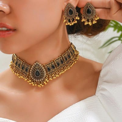 Vintage Dubai Indiase Kwast Kralen Hanger Sieradensets voor Vrouwen Kleurrijke Kristallen Ketting Oorbellen Afrikaanse Sieradenset brown