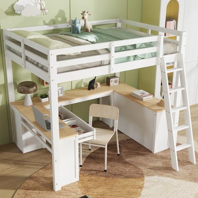 OKWISH Halfhoogslaper 140x200 cm – Kinderbed Met U-vormig Langbureau & 2 Lades – Opbergrek + 5-Traps Ladder – Hout+MDF – Wit+Naturel – Zonder matras
