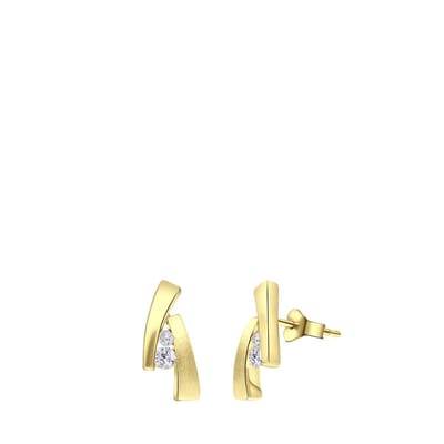 Lucardi Dames Goldplated oorbellen mat/glans zirkonia - Oorbellen - Cadeau - Echt Zilver - Goudkleurig