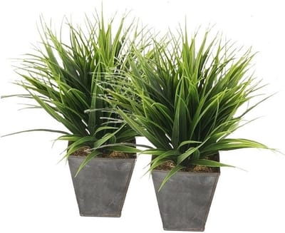 Grasplant in zwarte zinken pot - 2x - 30 cm - Kamerplant kunstplanten/nepplanten