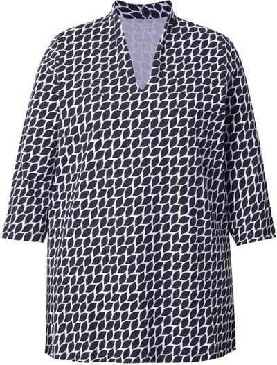 Ulla Popken - Dames - Shirt gobletkraag A-lijn 3/4-mouwen Pima-katoen - Zwart - Maat 42+