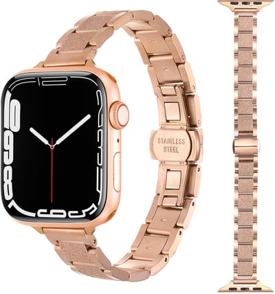Stravo Slank RVS Horlogebandje met Glinsterende Details – Geschikt voor Apple Watch 42mm (Series 11/10), 41mm (Series 9/8/7), 40mm (Series 6/5/4, SE 1/2/3), 38mm (Series 3/2/1) – Premium RVS Horlogeband – Roségoud