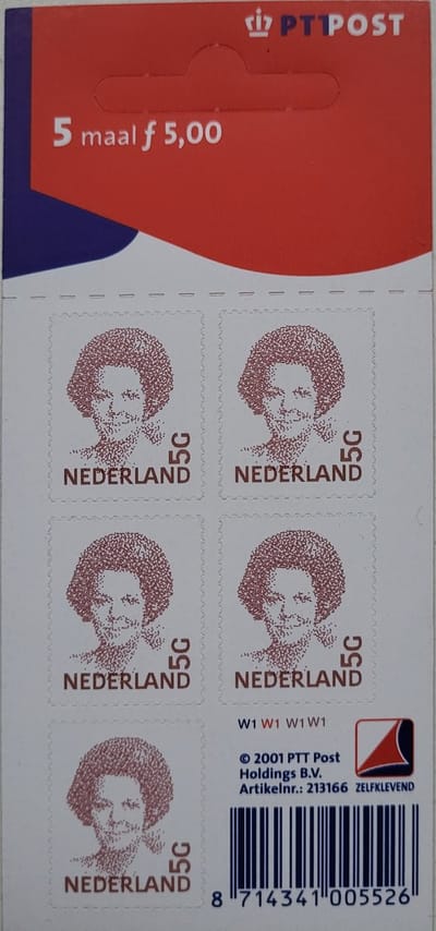 Postzegelboekje Beatrix 5 maal f 5,00 postzegels postfris uitgifte PTT Post 2001