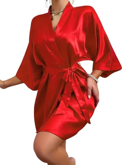 Nivard Satijnen Badjas Dames - Kimono - Kamerjas - Satijn - Ochtendjas - Pyjama - Rood - Maat L