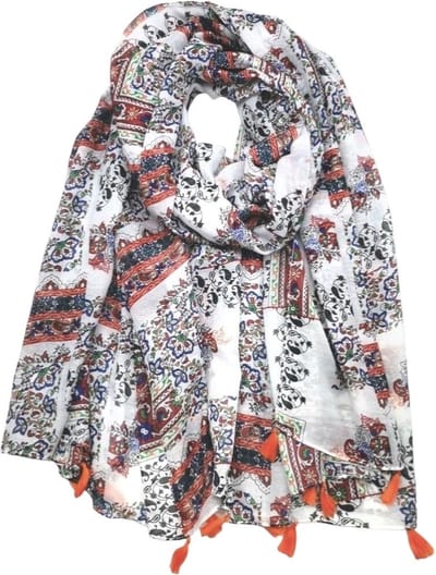 Lange dames sjaal Diny gebloemd motief oranje wit zwart groen blauw bruin