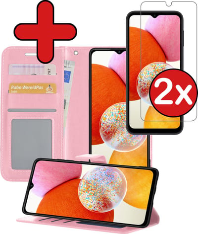 Hoesje - Met 2x Screenprotector - Geschikt voor Samsung Galaxy A14 - Luxe Pasjeshouder - Flip Case - Bookcase Portemonee - Kunstleer Book Case - Flipcase Hoes - Book Cover - Walletcase - Portemonneehoes - Telefoonhoes - Lichtroze