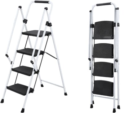 Witte trapladder - Opvouwbare ladder - Keukentrap-Huishoudtrap – Brede treden – Anti-slip – Veiligheidsbeugel - Staal - Keuken - 4 treden- Inklapbaar-Wit