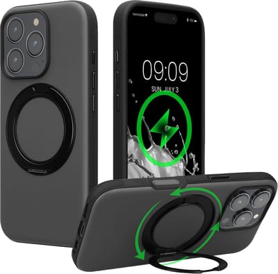 kwmobile Hoesje met 360° ringstandaard voor Apple iPhone 16 Pro - Hardcase met draaibare kickstand - Compatibel met MagSafe - zwart