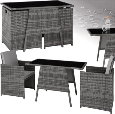 tectake® Tuinset - Wicker Zitgroep voor 2 Personen - Ruimtebesparend - 2 Fauteuils en Tafel - Ideale Balkon Loungeset - Weerbestendige Tuin- en Terrasmeubelen - Grijs - Poly-Rattan