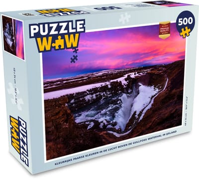 Puzzel Kleurrijke paarse kleuren in de lucht boven de Gullfoss waterval in IJsland - Legpuzzel - Puzzel 500 stukjes