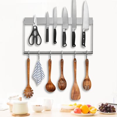 Magnetische Messenhanger van 40 cm van RVS met 6 haken, eenvoudig te monteren, ideaal voor messen en keukengerei met sterke magneten