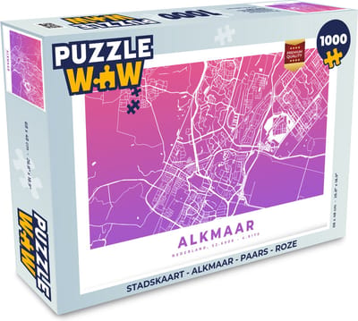 Puzzel Stadskaart - Alkmaar - Paars - Roze - Legpuzzel - Puzzel 1000 stukjes volwassenen - Plattegrond