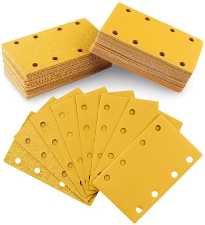 Schuurpapierset, 80x133 mm, 8 gaten, 8 korrelgroottes: 40, 60, 80, 120, 180, 240, 320, 400, aluminiumoxide, klittenbandbevestiging, geel schuurpapier voor excentrische schuurmachines