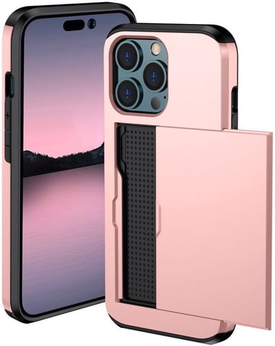 Hoesje met Kaarthouder Slider Geschikt voor Apple iPhone 14 Pro | Pasjeshouder Achterkant | Kaarthouder voor twee á drie pasjes | Roze Goud