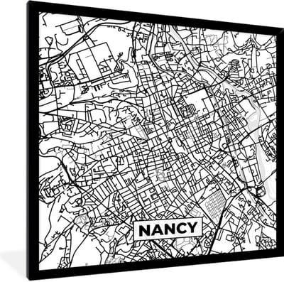 Fotolijst incl. Poster Zwart Wit- Stadskaart - Plattegrond - Nancy - Kaart - Frankrijk - Zwart wit - 40x40 cm - Posterlijst