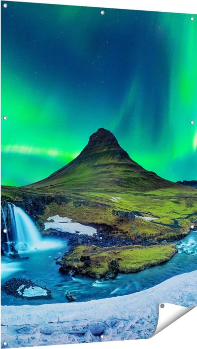 Gards Tuinposter Noorderlicht bij de Watervallen in IJsland - 100x150 cm - Tuindoek - Tuindecoratie - Wanddecoratie buiten - Tuinschilderij