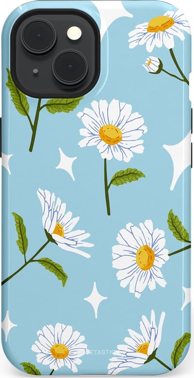 Casetastic hoesje geschikt voor Apple iPhone 15 - MagSafe - Dubbellaagse bescherming - Margrietjes in de Wind - Fashion Case - Lichtblauw Wit Groen