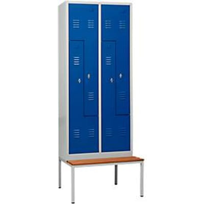 Kledinglocker, 4 compartimenten, met zitbank, B 800 x H 2200 mm, draaigrendelslot, lichtgrijs/gentiaanblauw
