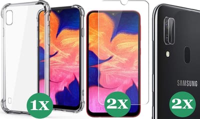 Hoesje geschikt voor Samsung Galaxy A10 - 2x Screenprotector Glas & 2x Camera Screen Protector - Transparant Shock Case