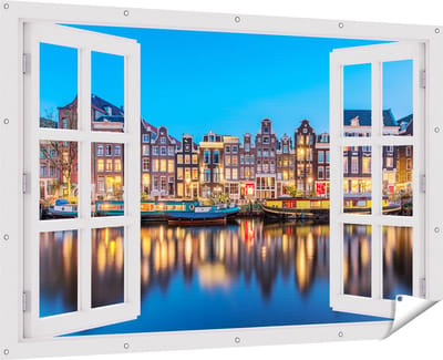 Gards Tuinposter Doorkijk Amsterdamse Huisjes in de Avond met Lichten - 180x120 cm - Tuindoek - Tuindecoratie - Wanddecoratie buiten - Tuinschilderij