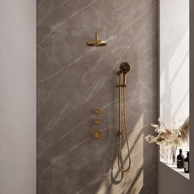 Brauer Gold Carving Thermostatische Regendoucheset Inbouw - Hoofddouche 20 cm - Gebogen Wandarm - Handdouche 3 Standen - Doucheslang - Geintegreerde Glijstang - Geborsteld Goud