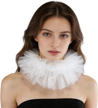 Elegante tule kraag voor dames met ruches, perfect voor feestjes, gemaskerde ballen en Halloween-accessoires (wit)