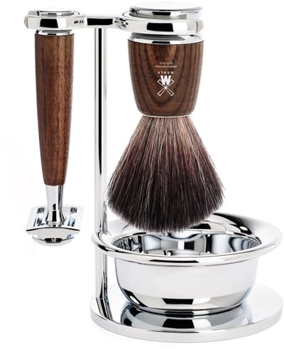 MÜHLE - Scheerset 4-delig - Rytmo - Black Fibre en Safety Razor - Handvatten Essenhout