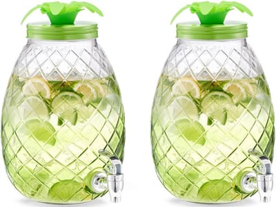 2x Groene glazen drank dispensers ananas 4,5 liter - Zeller - Keukenbenodigdheden - Zomers/tropisch tuinfeest decoratie - Dranken serveren - Drankdispensers - Dispensers voor o.a. sappen en limonade