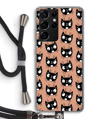 Case Company® - Hoesje met koord geschikt voor Samsung Galaxy S21 Ultra hoesje met Koord - Kat - Telefoonhoesje met Zwart Koord - Bescherming aan alle Kanten en Over de Schermrand