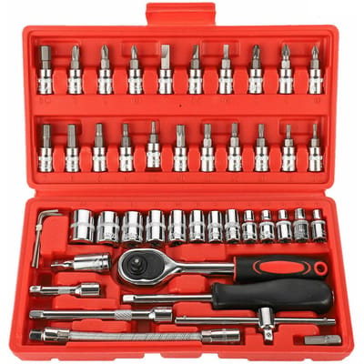 Jeu d'outils à douille, clé à cliquet, tournevis à entraînement métrique 1/4   , avec boîte, 46 pièces 46Pcs gray