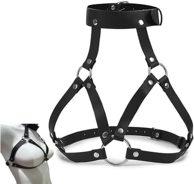 Zwarte Leren Body Chain met Ketting voor Gothic Stijl, Feestkleding en Halloween Kostuums