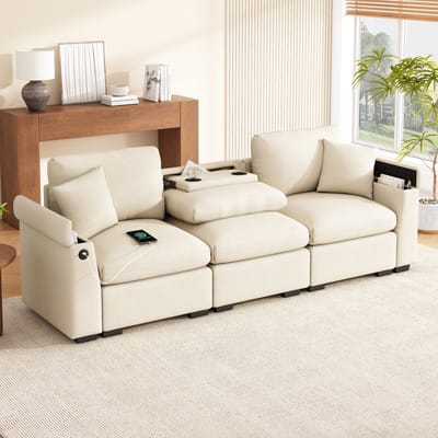 MODENUIT Sofa 242 x 80 x 88 cm - Rugleuning Met Tafel, USB En Opbergruimte - Voor Woonkamer - Chenille Beige