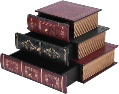 Retro sieradenopbergdoos in boekvorm, bureau-organizer met 3 lades voor sieraden, decoratieve opslagoplossing 21 x 15 x 14,5 cm