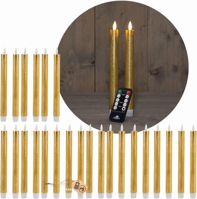 Novaliv LED-kaarsen, 12 stuks, ECHT GOUD, met timerfunctie, 6 uur, 18 cm hoogte voor kaarsen, 2,2 cm diameter, 2 AAA-batterijen vereist. LED-kaarsen, set van 4, GOUD (zes keer), bewegende vlam.