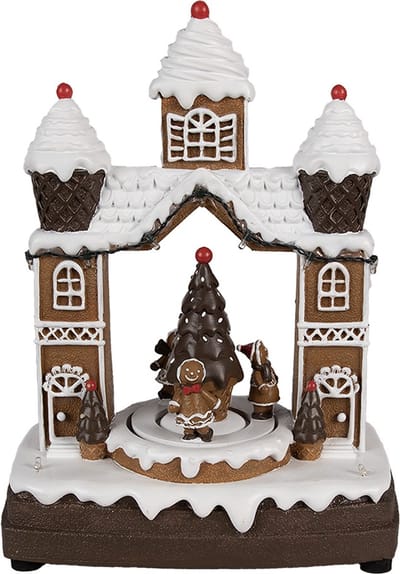Clayre & Eef Kerstdecoratie met LED-verlichting en muziek 20x11x27 cm Bruin Kunststof Gingerbread house