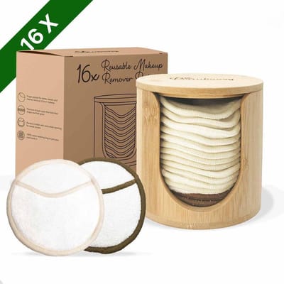 16 Herbruikbare Wattenschijfjes + Bamboe Houder - 12x Dagelijks 4x Scrub 4 laags - Wasbare Wattenschijfjes Makeup Pads Zero Waste