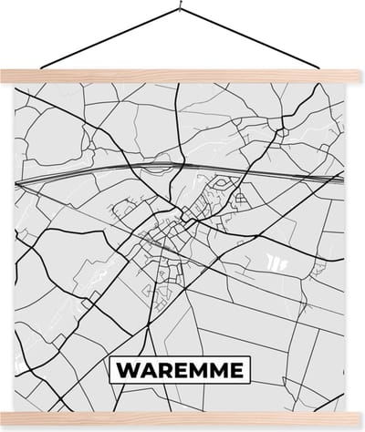 Posterhanger incl. Poster 40x40 cm - Schoolplaat - België – Waremme – Stadskaart – Kaart – Zwart Wit – Plattegrond - Textielposter - Blanke latten - Stadskaart