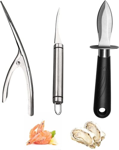 Oesterschelpmes Set van 3 Stuks, Garnalen Peller en Zeevruchten Gereedschap, Roestvrijstalen Keukenaccessoires voor Schelpdieren en Zeevruchten