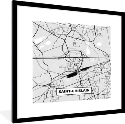 Fotolijst incl. Poster Zwart Wit- Zwart Wit – België – Plattegrond – Stadskaart – Kaart – Saint Ghislain - 40x40 cm - Posterlijst