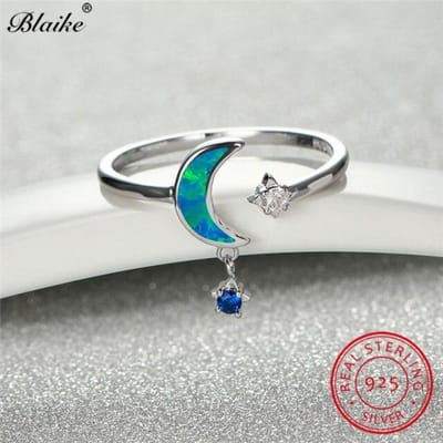 Schattige kleine ster maan ring 925 sterling zilver roségoud blauwe vuur opaal ringen voor vrouwen blauwe steen bungelen trouwring dunne band 8 gray