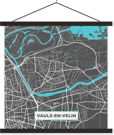 Posterhanger incl. Poster 60x60 cm - Schoolplaat - Vaulx-en-Velin - Frankrijk - Stadskaart - Kaart - Plattegrond - Textielposter - Zwarte latten - Stadskaart