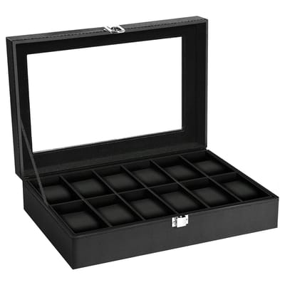 Horlogeopbergdoos - Horlogedisplaydoos - Volledig zwart hout met PU-leer - Horlogedoos - Unisex - Geschikt voor 12 horloges - Zwart