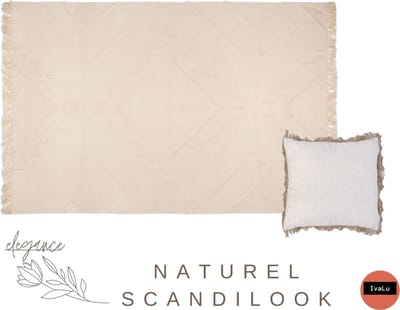 Vloerkleed ivoor natural stijl van katoen met franjes 120 x 170 met kussenhoes 40 x 40- set tapijt met kussenhoes - vloerkleed rechthoekig